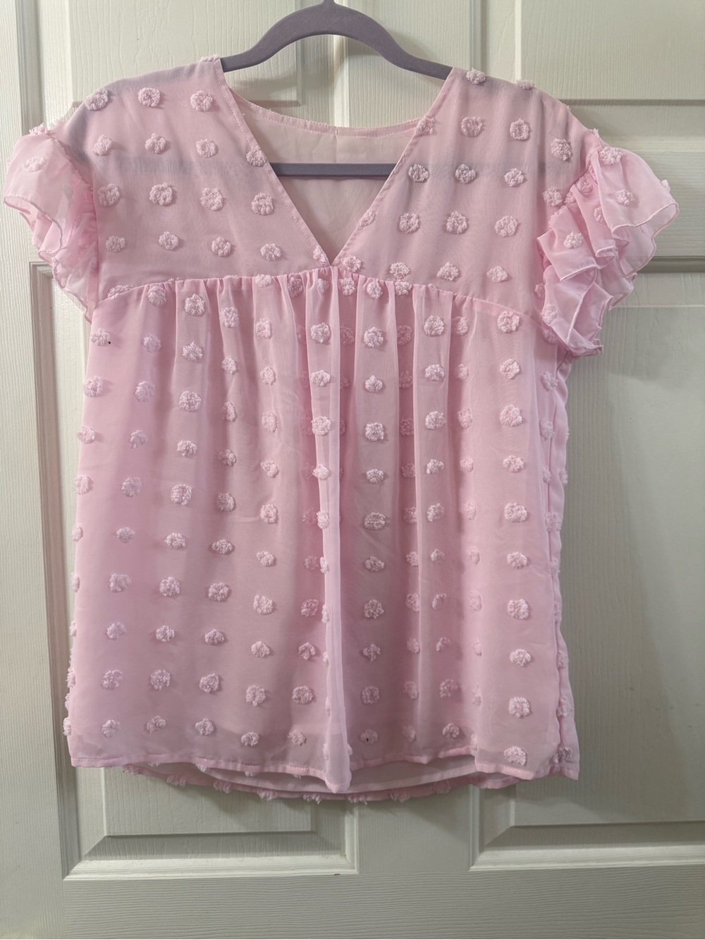 Pink Swiss Dot Flutter Sleeve Blouse